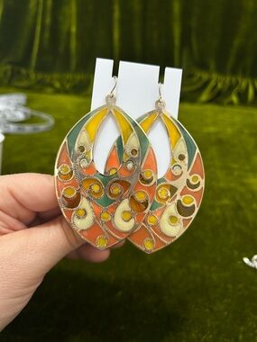 Large Colorful Teardrop Enamel Dangle Earrings - Orange, Yellow & Green